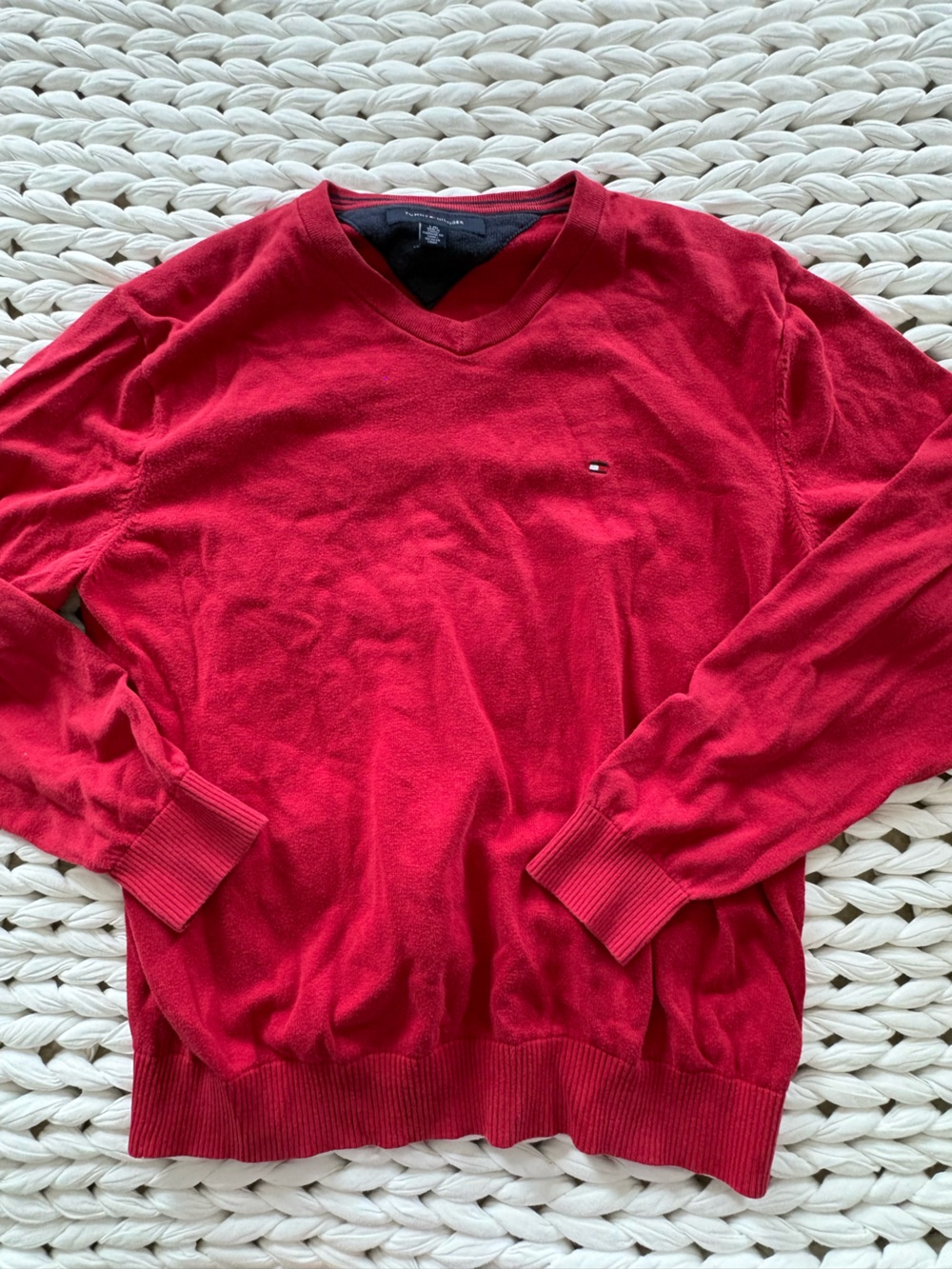 Tommy Hilfiger Red V-Neck Cotton Sweater with Chest Logo